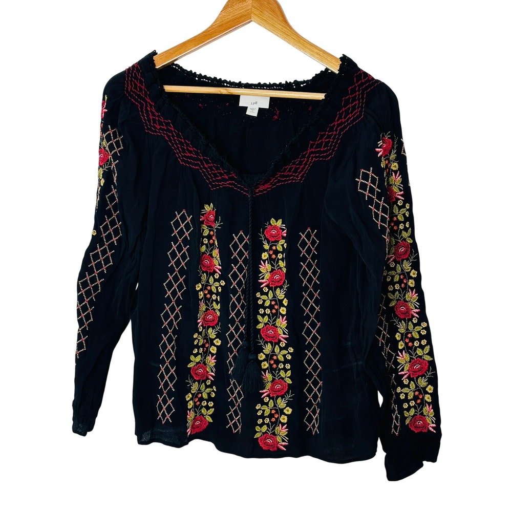J Jill Black Embroidered Floral V Neck Tassel Long Sleeve Petite Blouse Top‎ S - Picture 2 of 10